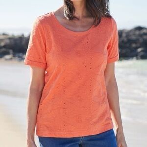 Woolovers Women XXL Apricot Cotton Short Sleeve All Over Embroidered Top NWT